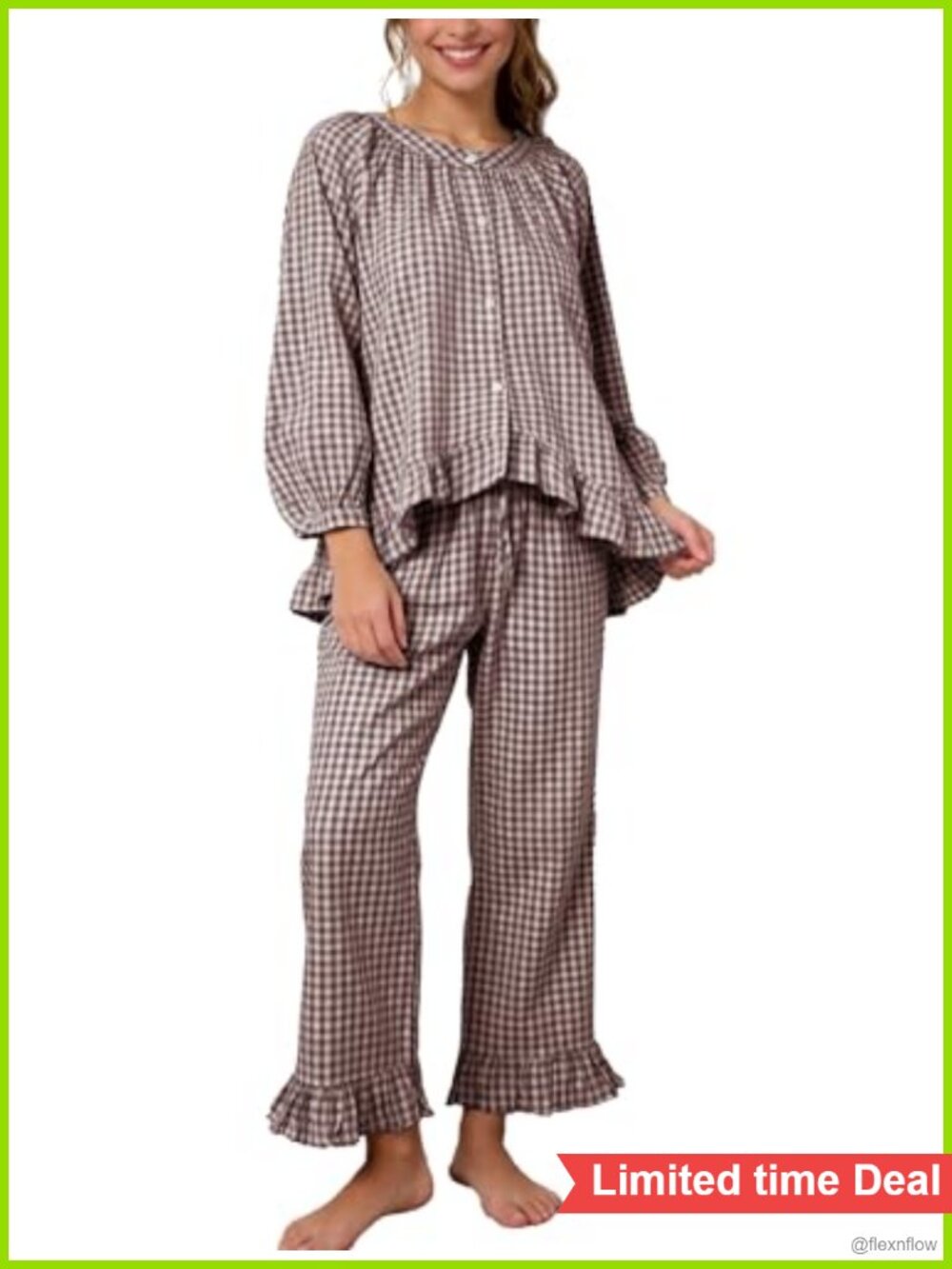 Womens Cotton Plaid Pajama Set 2 Piece Ruffle Babydoll Shirt Gingham Pants